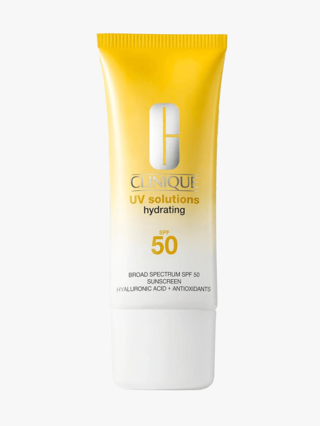 Clinique UV Solutions Sunscreen Broad Spectrum SPF 50 in branded tube component on a light gray background